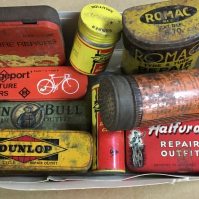 Vintage small tins, bicycle puncture, repair tins etc