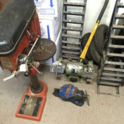 A collection of power tools and car ramp including drill press grinder etc. Postage D