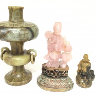 A Soapstone Vase approx height 25CM. A Figure approx height 22Cm and a Rose quartz approx Height 21Cm (Restored). (3).