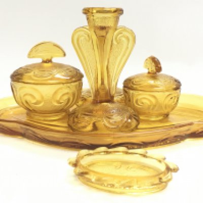 Art deco amber glass set including a dish, vases, containers etc. this lot cannot be posted. NO RESERVE