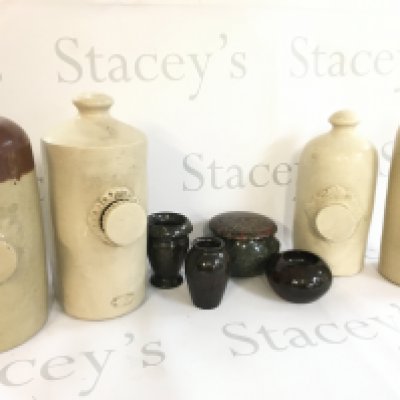A Collection of Cornish art glass serpentine vases and stoneware bottles. This lot cannot be posted. NO RESERVE