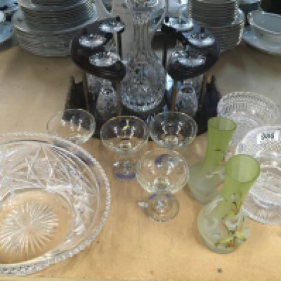 A Quality cut glass and mahogany framed decanter set with six glasses and central decanter cut glass bowls a pair of late Victorian enamel decorated vases and a collection of Babycham glasses.