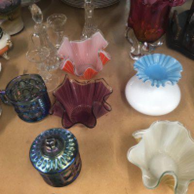 A Collection of glass ware including handkerchief vases .