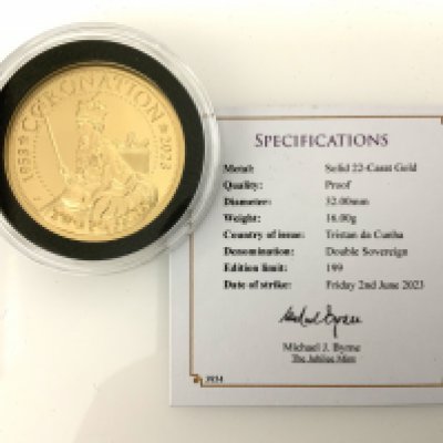 Jubilee mint 70th Anniversay 2023 22ct gold proof double sovereign, Tristan De China 16g. (A)