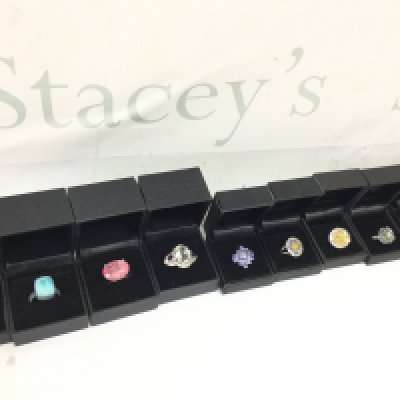 A collection of boxed silver rings set with various gemstones , average size Q. Postage category A