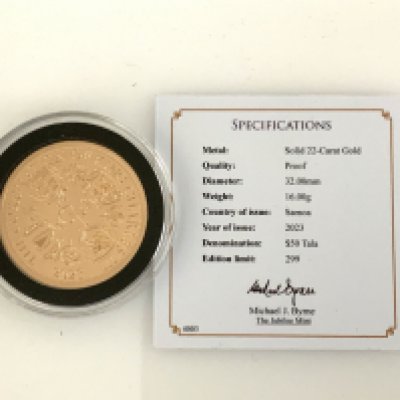 Jubilee Mint, 50 Dollar Tala, Coronation of King Charles III solid 22ct gold proof coin16g, Samoa issue. (A)