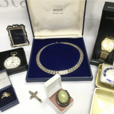 A collection of jewellery including a boxed silver gate link necklace, watches, silver frame etc . Postage category B
