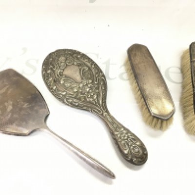 Silver hallmarked mirrors and brushes, ornate silver plated mirror .Postage category B
