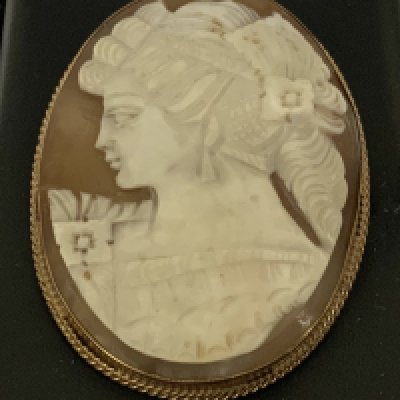 A. 9ct gold mounted cameo brooch. 5.7cm x 4.5cm (A)