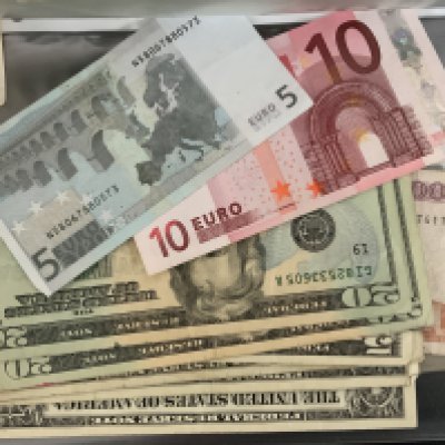 2 albums of world banknotes to include US Dollars, Current issue Sterling, Euro etc. (B)