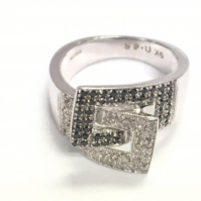 Mid century style 9ct white gold ring set with black and white diamonds approximately 0.45ct total size K