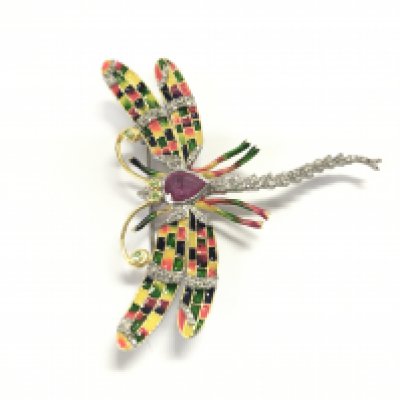 A silver dragonfly brooch / pendant set with a pear shaped ruby tsavorite garnet eyes and antennae and diamonds with enamel inlays on yellow pink blue orange and green. Ruby 1.19ct diamonds 0.52ct and 0.08ct garnets.