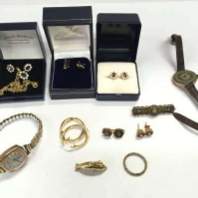A collection of assorted 9ct jewellery including earrings gold cased watches etc Postage B