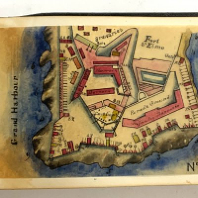 Maltese military history interest, A small handwritten book including watercolour diagrams, titled The Plans of the Forts in the Valetta & Cotonera Districts. C.1820, post French Napoleonic occupation of 1798-1800, listing total armaments and capabilities of each fort and outpost. 25 applied watercolour diagrams Alf forts and fortifications. (A)