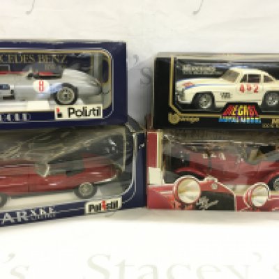 A Boxed Polistil Mercedes Benz RE 196. A Jaguar XKE 4.2 Litre A Alfa Romeo And a Burago Mercedes Benz 300SL (1955).(4).