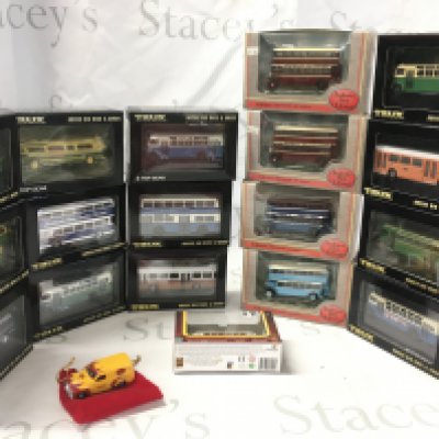 A collection of boxed diecast model buses by Trux and EFE. No reserve