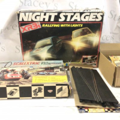 Boxed Scalextric set Night Stages XR3i rallying with lights. Plus a boxed Scalextric extension pack, plus other accessories. (3)