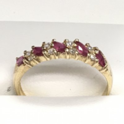 9ct yellow gold 9 stone marquise ruby and R/C diamond ring. Boxed, ring size Approx O/P. Postage category A.