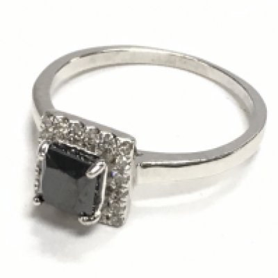 Certificated platinum ring set with square cut black diamond and a halo of RBC diamonds. Black diamond 0.60ct. Framing diamonds 0.20ct. Cert no. WGI9624139461. Ring size Approx L. Postage category A.