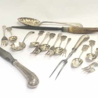 A collection of flatware, silver plated cutlery and two silver hallmarked napkin rings. Postage category C