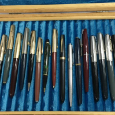 A Collection of Parker pens and pencils, Swan, Watermans, Parker 51 pens have 14k wibs some 17k for restoration with display case. Postage category B