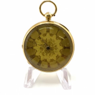 A fine 18ct gold cased ladies coin edged fob watch, 39mm, with floral engraved dial and numerals, back cover engraved with similar floral bouquet. Total weight. 55.32g (A) marks for Sheffield 1897.