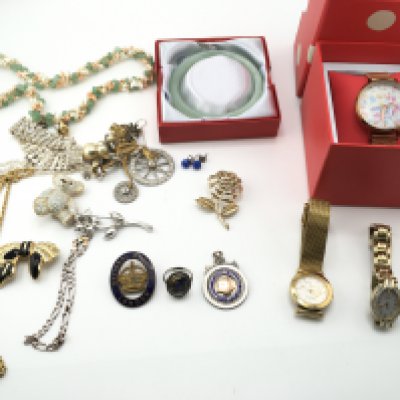 A collection of costume jewellery including a jade bangle and a cath kidston watch. Postage B