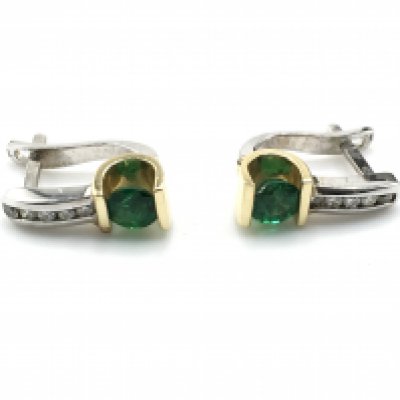 WITHDRAWN - A pair of quality 14carat gold earrings of modern design white and yellow gold set with an emerald with diamonds. Weight 3g approximately.