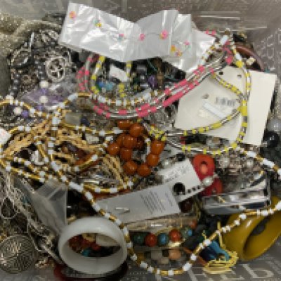 A large box of beaded and costume jewellery (D)