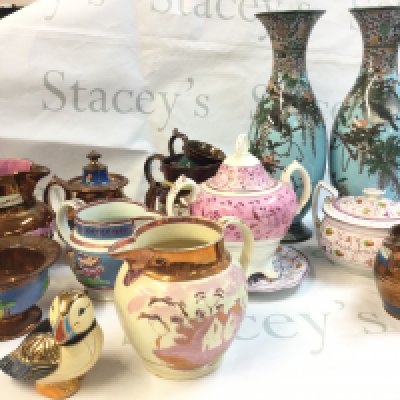A collection of ceramics including a pink Victorian Sucrier, a pair of Japanese cloisonne enamel vases , various jugs etc . This lot cannot be posted