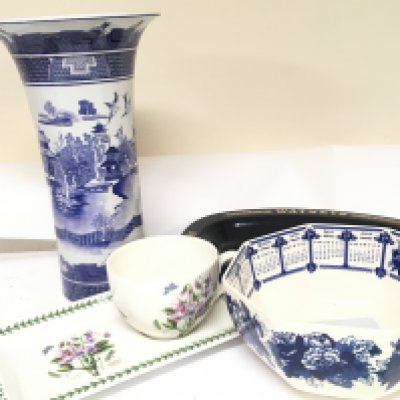 A collection of ceramics A Wedgwood blue and white calender bowl a Watneys Advertising dish large blue and white vase and large Portmeirion cup and dish no obvious damage. NO RESERVE