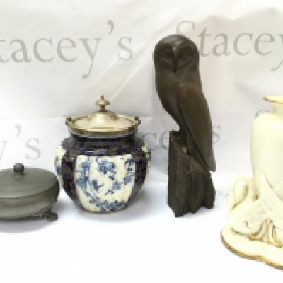 A collection of items including a Cold cast owl figure, ceramic biscuit barrel, swan vase , pewter pot, 1914 shell case trench art vase, royal albert daffodil cup and saucers This lot cannot be posted NO RESERVE