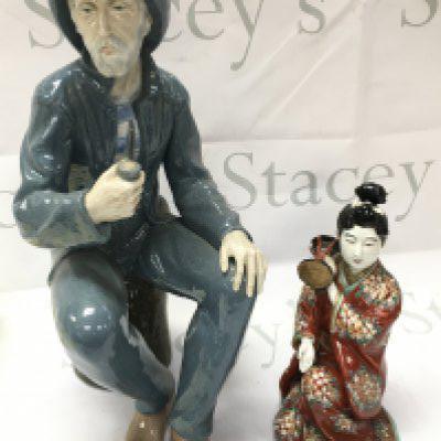A large Nao porcelain Old Fisherman with a pipe figure and a 20th century Japanese Geisha figure. No obvious damage or restoration This lot cannot be posted