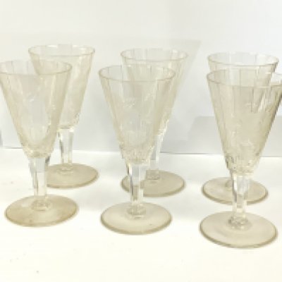 6 Webb-Corbett floral engraved fluted sherry glasses. (D) NO RESERVE