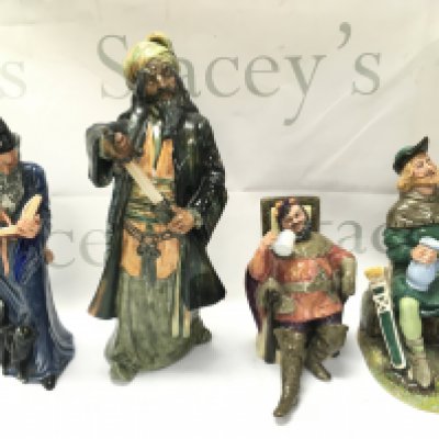 Four Royal Doulton porcelain figures including Robin Hood, The Foaming Quart, Blue Beard, The Wizard. No obvious damage or restoration