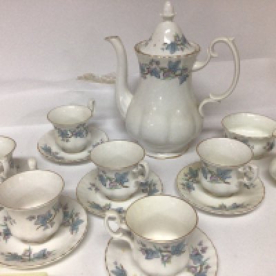 A Royal Kent bone china coffee set six place setting with coffee pot cream jug and sugar bowl with chipped edge. NO RESERVE