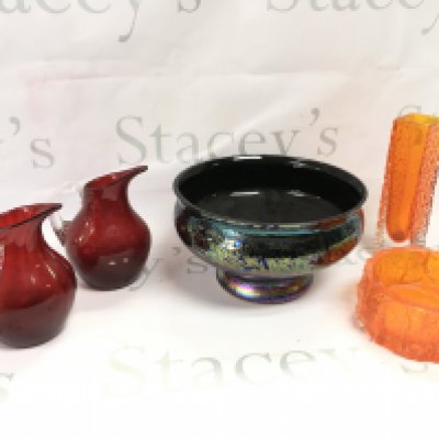 A collection of glassware including a Whitefriars bark vase and bowl , 20th century Royal Brierley iridescent studio glass bowl , a pair of small ruby glass pitchers