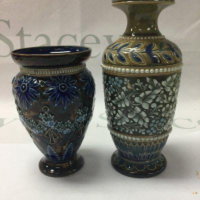 Two Doulton Lambeth vases decorated with flowers and foliage including Edith Lupton design. 17 cm and 12 cm