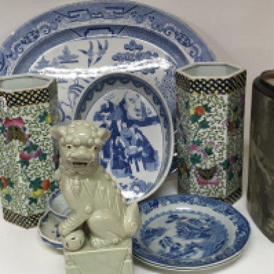 A collection of ceramics large Victorian meat plates blue and white dishes and 20th century Chinese ceramics and other ornaments.