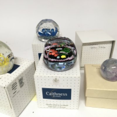 Five Caithness paperweights Golden Jubilee Blue Blossom Summer Haze Moonbeam and Coronation four Nations all in boxes (5)