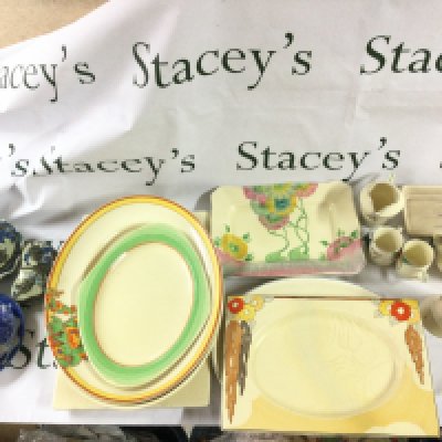 Clarice cliff ceramics including a vase , rectangular dish, oval islands dish, other dishes and Frinton cups , Japanese Blue and white ceramics , container and cup and saucers . This lot cannot be posted