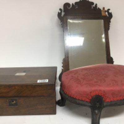 A Victorian rosewood traveling box with a fitted interior a Victorian stool and a George III wall mirror (3)