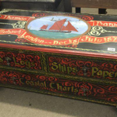 A Dwarf chest of drawers painted with scene of Thames Barges and inscribed London Docks. two short and one long drawer length 106cm.