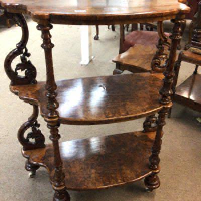 A quality Victorian burr walnut three tier open stand with shaped shelf&#2013266057۪s scroll supports and spiral turned pilasters. Hight 106cm