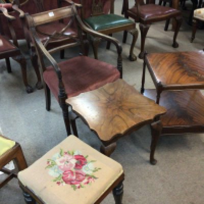 A George III open arm chair a Victorian stool and two occasional tables and a pair of late George III vernacular chairs (6)