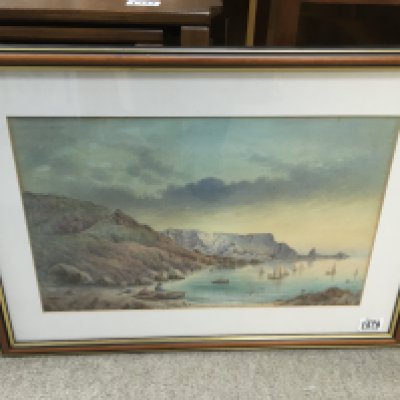 A framed gouache and watercolour study of a tug boat sun II and two coastal view paintings. NO RESERVE