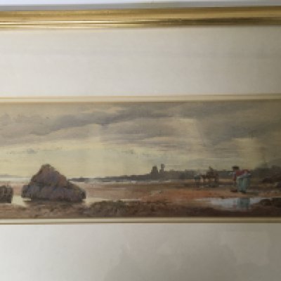 A 19th century framed watercolour beech scene study with a horse drawn carriage and lady with a basket unsigned unattributed. Good condition well presented 52x30cm. NO RESERVE