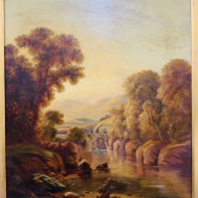 A large gilt framed oil on canvas landscape scene, indistinct artist signature. 99cm x 87cm. NO RESERVE