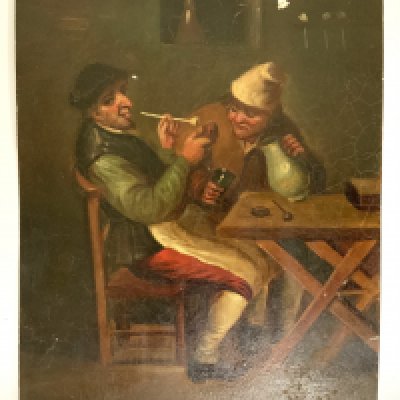 A small 19th Century oil on tin painting of 2 gents. Signed Ostard after Adrienne Van Ostade. 20cm x 17cm. (A)