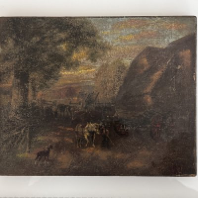 A small 20thC oil on canvas painting, farm view. 25.5cm x 20.5cm